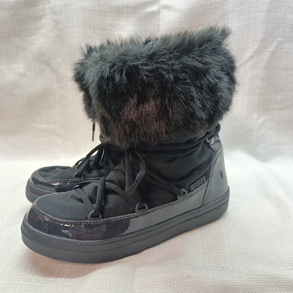 Crocs Boots Shoes Womens 7 Blackโ LodgePoint Winter Snow 203423 Faux Fur Lace Up